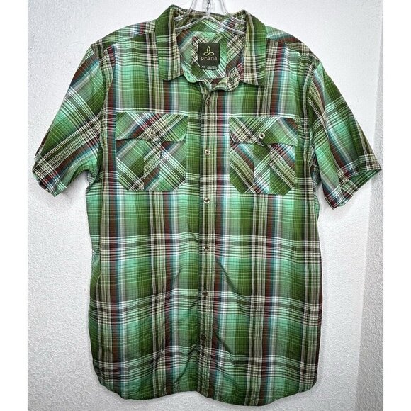 Prana Shirt Mens Large Green Tartan Plaid Western Button Up Cargo Casual READ - Picture 2 of 15